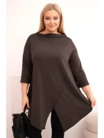 Dámská bavlněná blůza Plus Size asymetrická s ohrnutým rukávem hnědá