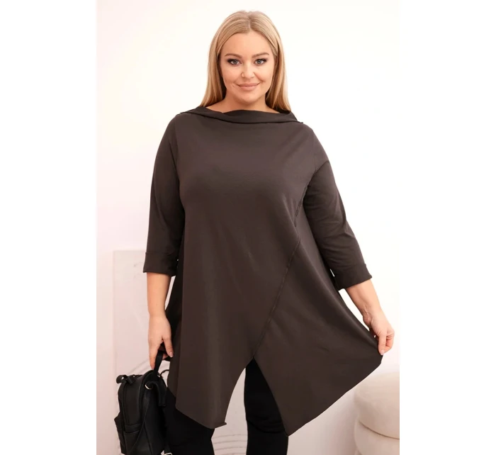 Dámská bavlněná blůza Plus Size asymetrická s ohrnutým rukávem hnědá