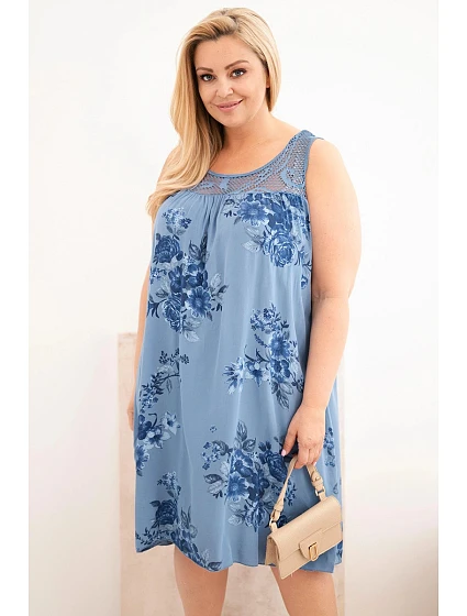 Dámské šaty Plus Size viskózové s květinami a krajkovým vrškem džínová