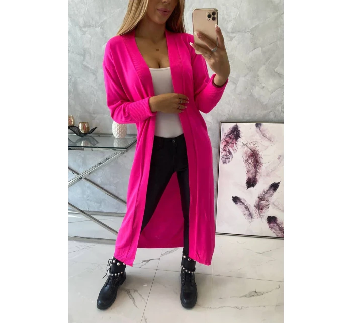 Sweter długi kardigan wiązany w talii różowy neon Sweter długi kardigan wiązany w talii różowy neon