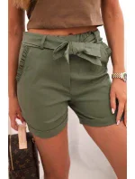 Dámské šortky s mašlí a volánky khaki
