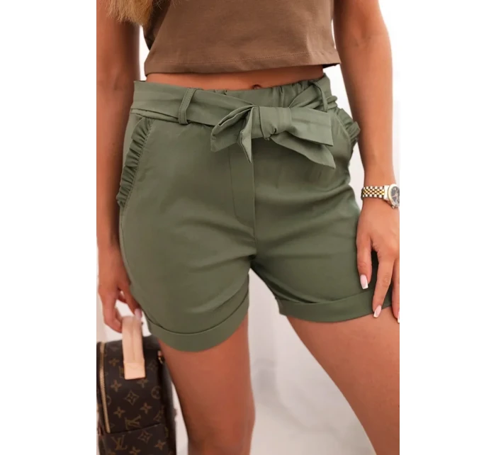 Dámské šortky s mašlí a volánky khaki
