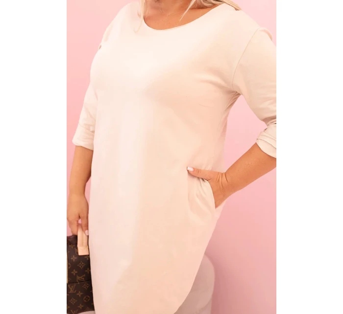 Dámská Plus Size z bavlnou s střihem a rukávem 3/4 béžová model 21259072 - K-Fashion