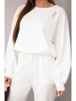 Dámský komplet máslo svetr s broží a kalhoty s rovnou nohavicí ecru