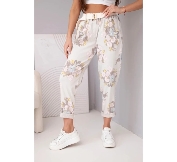 Dámské viskózové květinové kalhoty s páskem béžové