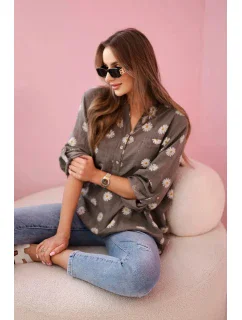 model 21911602 dámská halenka s květinovým vzorem, dlouhými rukávy a knoflíky khaki - K-Fashion