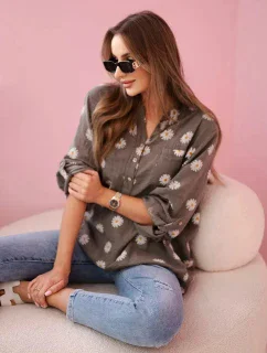 model 21911602 dámská halenka s květinovým vzorem, dlouhými rukávy a knoflíky khaki - K-Fashion