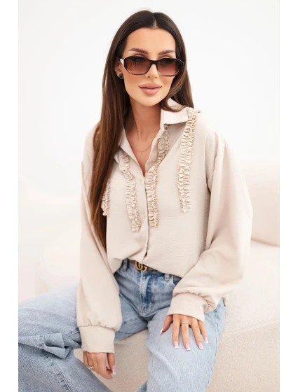 Dámská košile z viskózy s dlouhým rukávem a volánky béžová