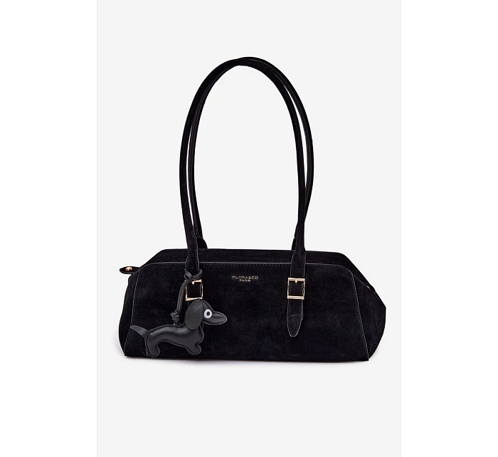 Kabelka z imitace semiše s přívěskem jezevčík černá Noely