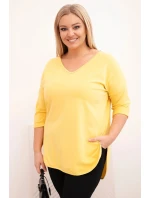Dámská bavlněná blůza Plus Size s výstřihem do V a ohrnutým rukávem žlutá