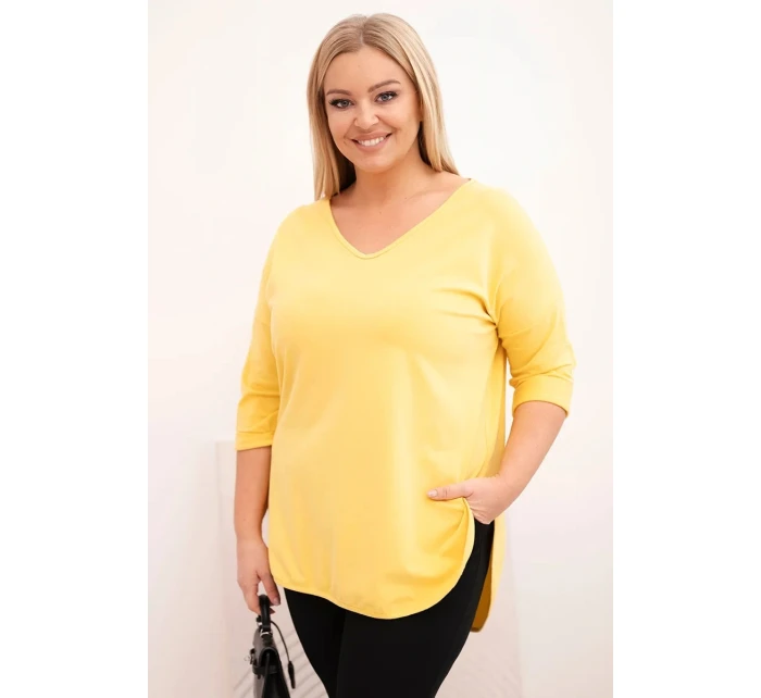 Dámská bavlněná blůza Plus Size s výstřihem do V a ohrnutým rukávem žlutá