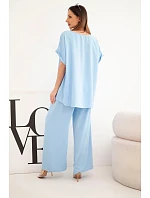 Dámský komplet Plus Size halenka a kalhoty s širokými nohavicemi modrý