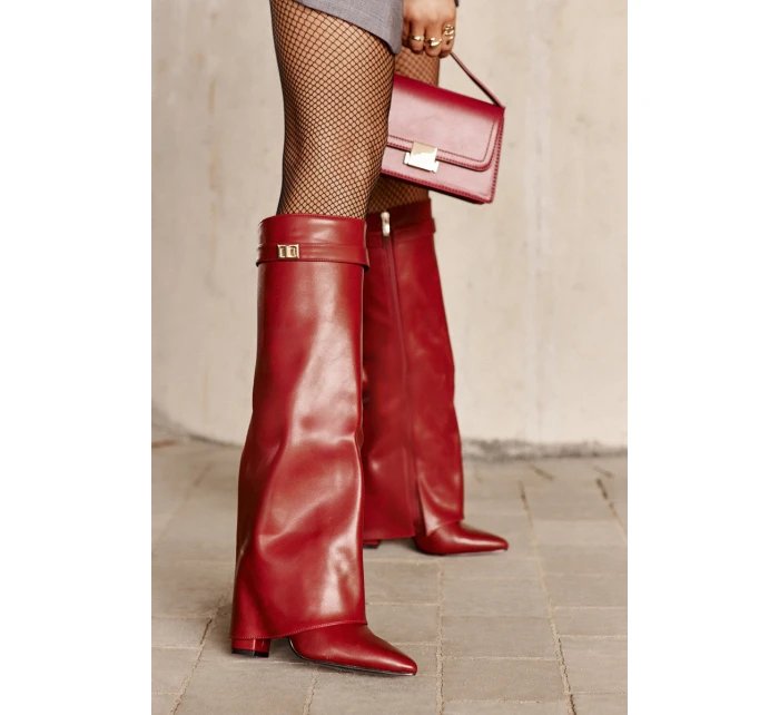 Dámské Kozačky Eko Kůže S Otočeným Svrškem Na Podpatku Bordové Avamora