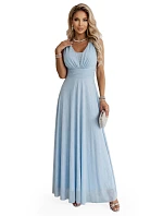 637-6 Wieczorowa długa sukienka z brokatowym akcentem i głębokim dekoltem - błękitna 637-6 Wieczorowa długa sukienka z brokatowym akcentem i głębokim dekoltem - błękitna