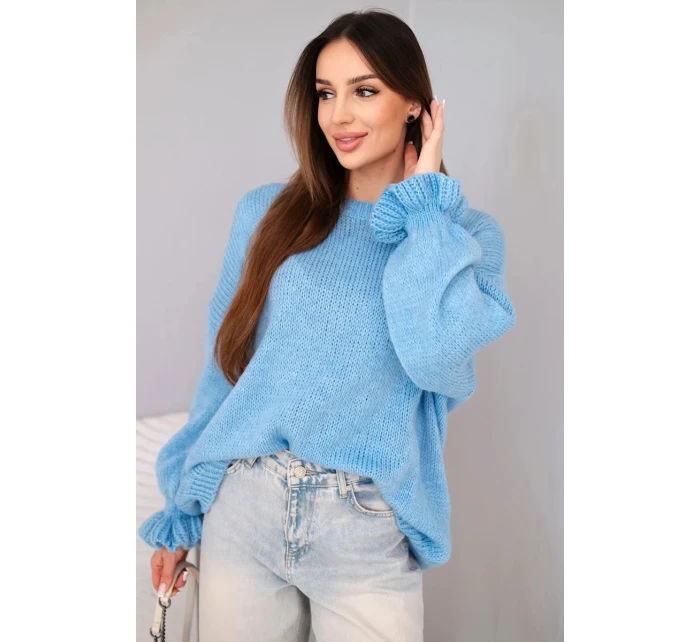 Dámský svetr s přídavkem mohéru a vlny volného střihu modrý Dámský svetr s přídavkem mohéru a vlny volného střihu modrý