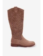 Dámské perforované vysoké kozačky na nízkém podpatku S.Barski HY61-8023 Béžové