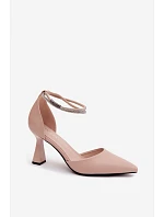 Lodičky na podpatku s lesklým páskem model 22126207 Béžové - VINCEZA