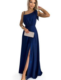 Dámské dlouhé lesklé šaty na jedno rameno s mašlí Numoco - námořnická modrá