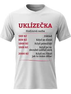 Dámské bavlněné tričko s potiskem - HODINOVÁ SAZBA UKLÍZEČKA - bílé