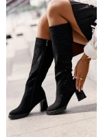 Zdobené dámské kozačky nad kolena zateplené na podpatku černé model 21671858 - S.Barski Zdobené dámské kozačky nad kolena zateplené na podpatku černé model 21671858 - S.Barski