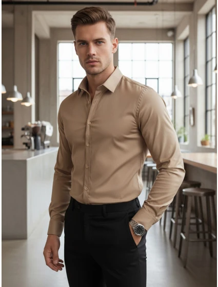 Pánská košileSLIM FIT elegantní hladká béžová FashionStreet DX2681 Pánská košileSLIM FIT elegantní hladká béžová FashionStreet DX2681