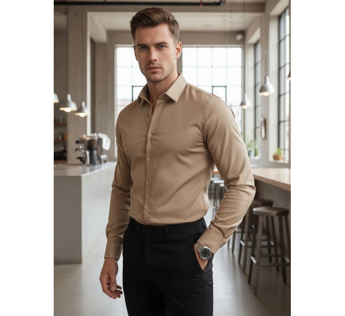 Pánská košileSLIM FIT elegantní hladká béžová FashionStreet DX2681 Pánská košileSLIM FIT elegantní hladká béžová FashionStreet DX2681