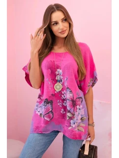 Dámská bavlněná košile s motýly a květinami růžový