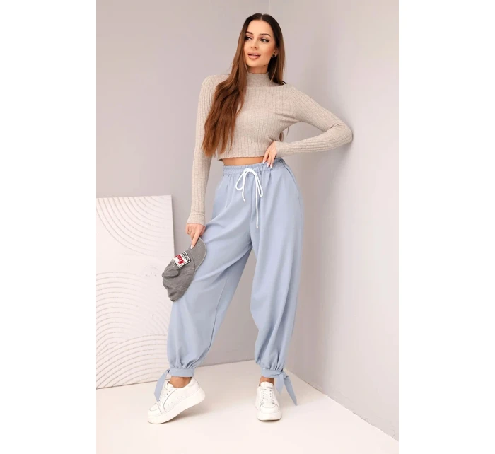 Dámské kalhoty s širokými nohavicemi a zavazováním dole džínové modré
