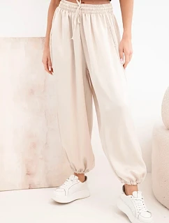 Široké dámské kalhoty s gumou v pase a šňůrováním typu aladinky béžové