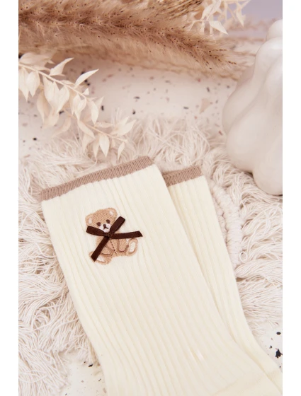 Bavlněné žebrované ponožky s medvídkem – ecru