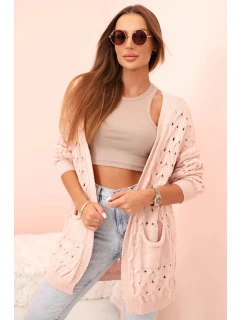Dámský kardigan s kapsami a krajkový pudrově růžový