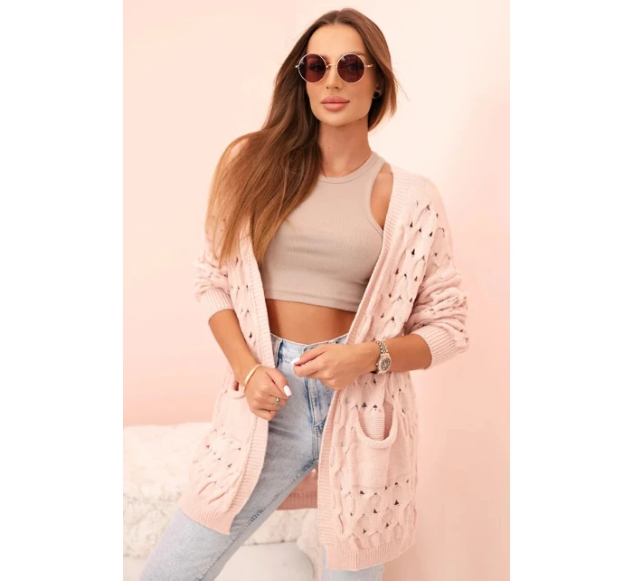 Dámský kardigan s kapsami a krajkový pudrově růžový