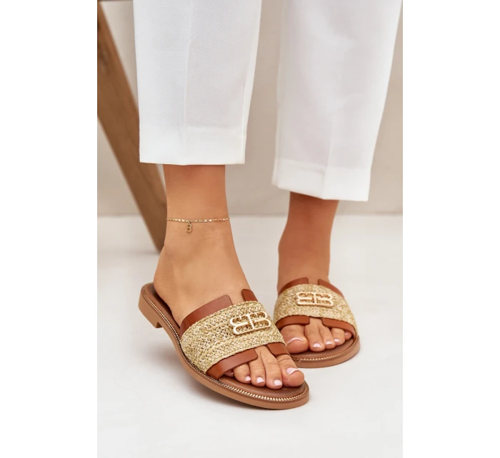 Kožené Pantofle S Dekorativním Detailem A Pletením Hnědé Zazoo 40426