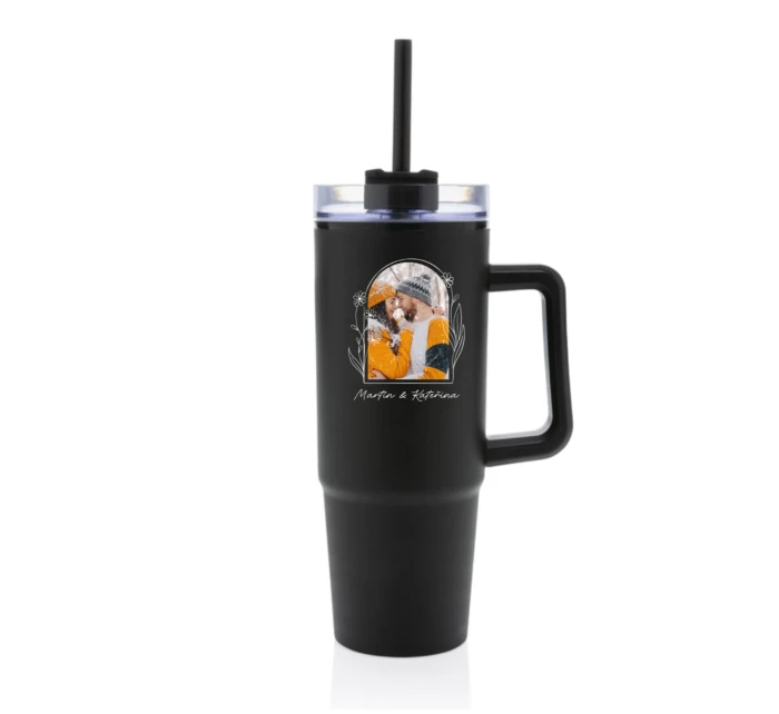 Personalizovaná termoska s průhledným víčkem s květinový ohraničením 