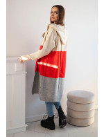Pruhovaný svetr s kapucí béžová+červená+šedý