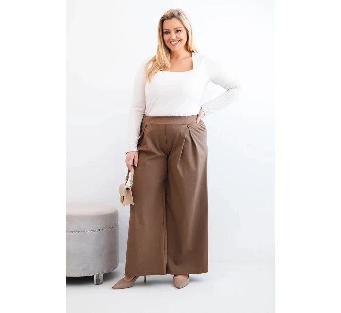 Dámské kalhoty Plus Size s širokými nohavicemi a plisováním camelové