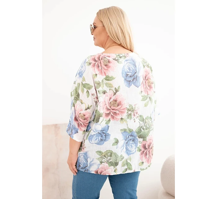 Dámská bavlněná halenka Plus Size s krátkým rukávem a květinovým vzorem bílá