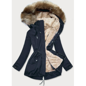 Tmavě modro-světle béžová dámská zimní bunda s mechovitým kožíškem (W553)