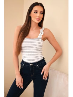 Dámská žebrovaná pruhovaná halenka na ramínkách s volánkem šedá