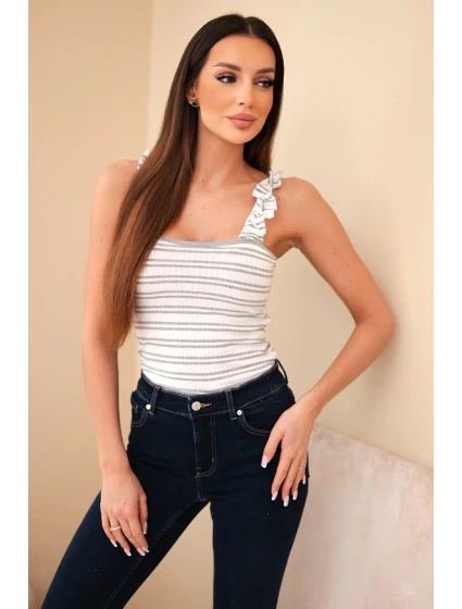 Dámská žebrovaná pruhovaná halenka na ramínkách s volánkem šedá