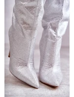 Módní kozačky na vysokém podpatku s kubickými zirkony stříbrne model 21597033 - Boto