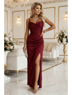 model 21900891 Přiléhavé dlouhé maxi šaty s obálkovým výstřihem a rozparkem vínové - numoco basic