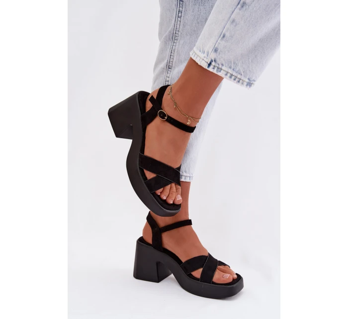 Dámské sandály s masivním podpatkem z eko semiše Černé Tereza