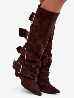 Dámské kozačky na sloupku a zlatými přezkami – čokoládové Isavelle