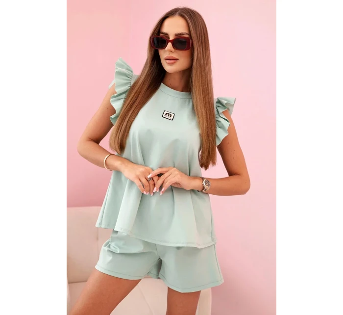 Dámský komplet s volánem – halenka s krátkým rukávem a šortky s gumičkou tmavá máta