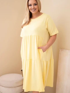Dámské bavlněné šaty plus size s krátkým rukávem a volánem žluté