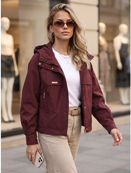 Dámská přechodová bunda s kapucí, vínová, FashionStreet TY5964 Dámská přechodová bunda s kapucí, vínová, FashionStreet TY5964
