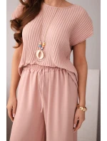 Komplet z wiskozy bluzka plisowana + spodnie tmavě pudrově růžová