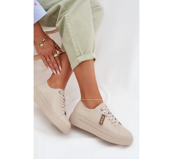 Dámské tenisky z pravé kůže model 22027801 Béžové - D&A Dámské tenisky z pravé kůže model 22027801 Béžové - D&A
