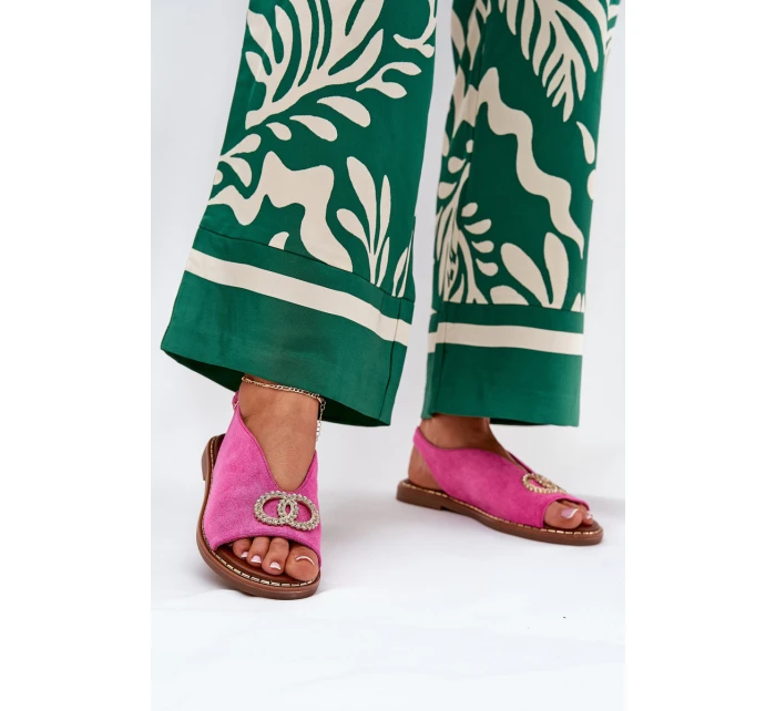 Dámské Sandály S Dekorací Na Plochém Podpatku Eko Sametové Růžové model 21685735 - Boto